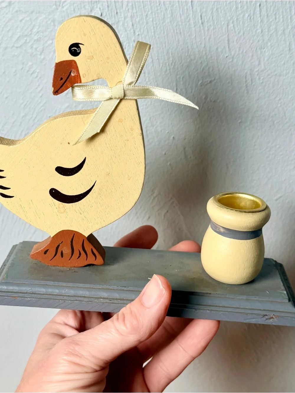 Vintage Wooden Goose Candle Holder, Taiwan Folk Art Goose Decor